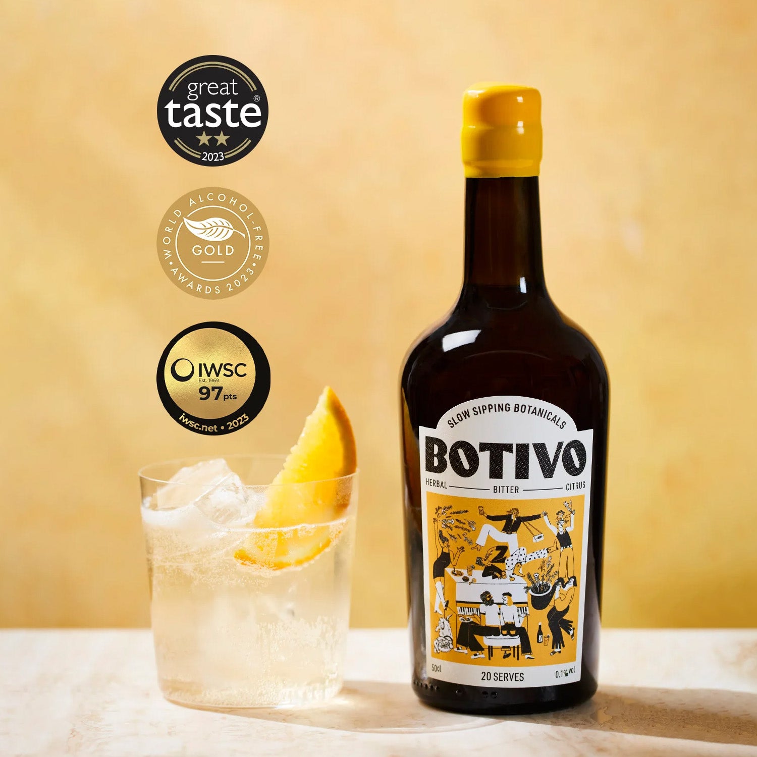 A bottle of Botivo with Great Taste Awards, IWSC Gold and World Alcohol Free Award Winning Lables