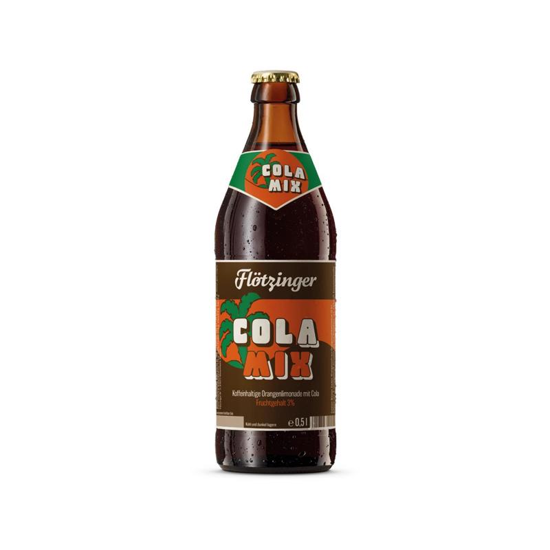 A single bottle of Flötzinger Cola Mix non-alcoholic malt drink in a brown glass bottle with a brown and orange label, shown on a plain white background.