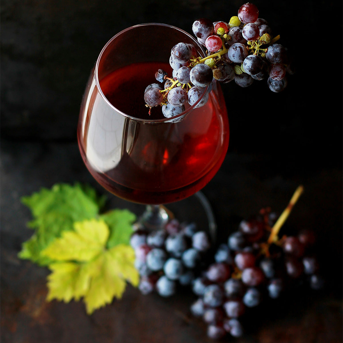 Glass of red wine with grapes on a dark background