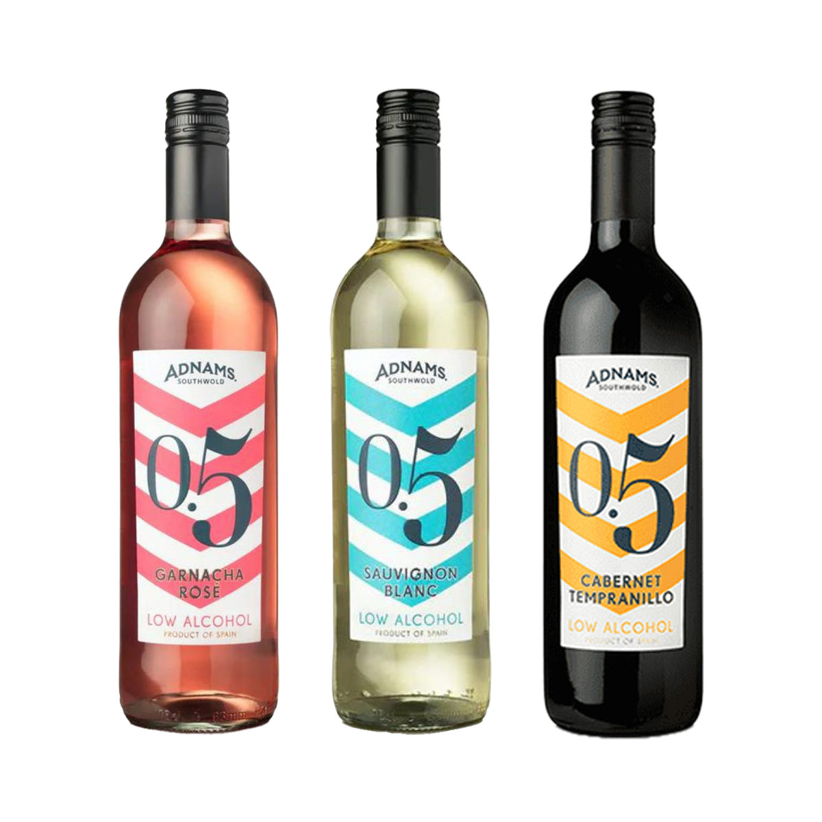 Three bottles of Adnams low alcohol wine 0.5% - one Garnacha rose, one Sauvignon white and one Cabernet red.