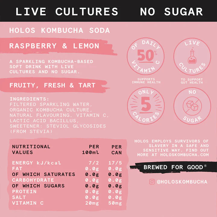 HOLOS Kombucha Soda Raspberry & Lemon [250ml Cans]