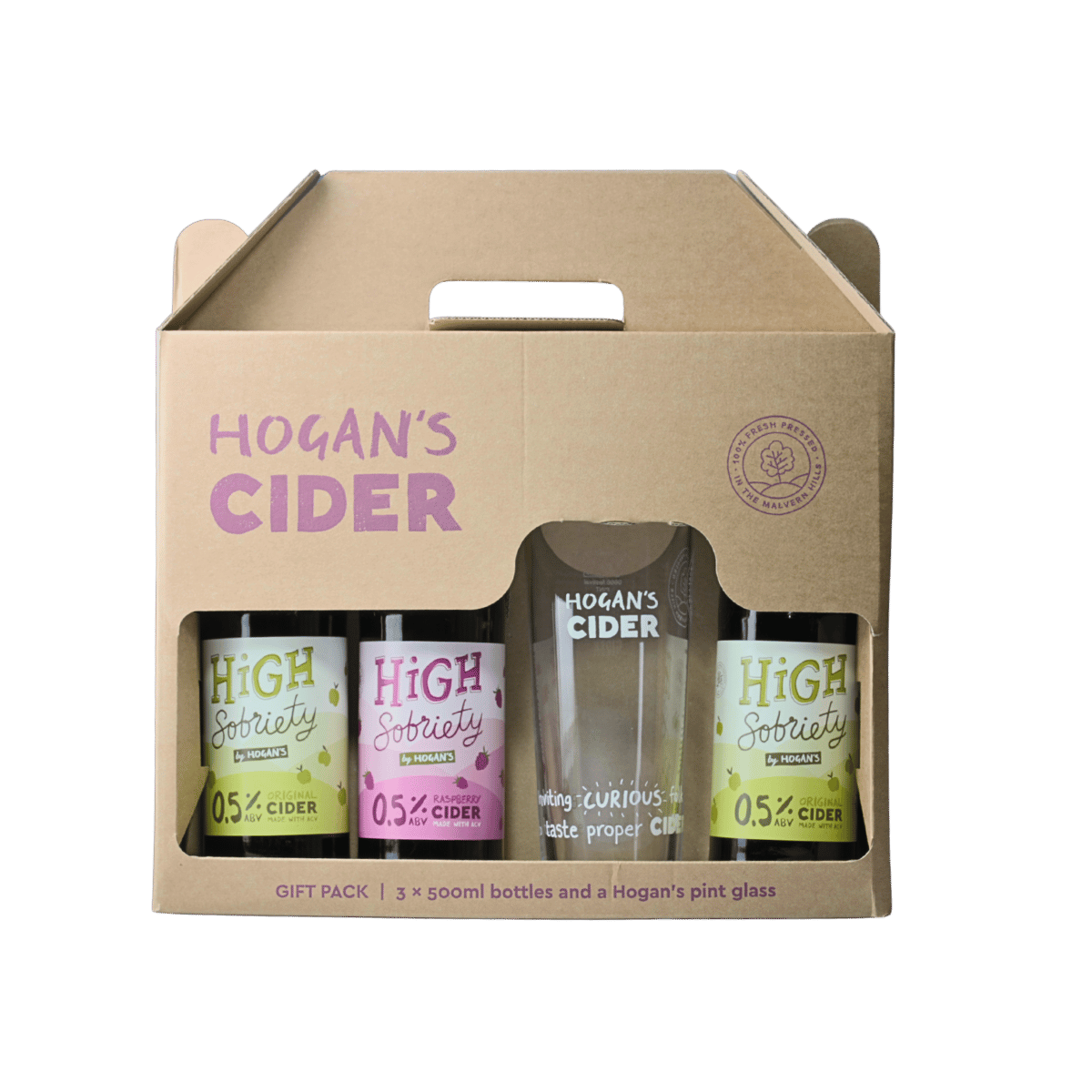Hogan’s Alcohol Free Cider Gift Box – 2× High Sobriety Original, 1× Raspberry & Branded Glass