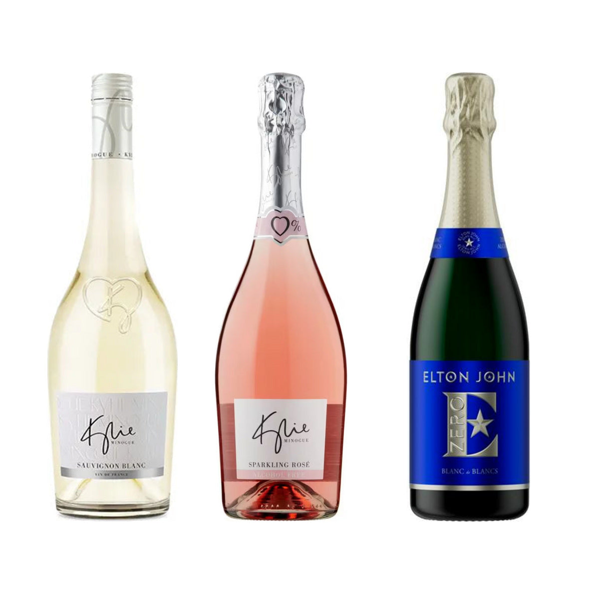 Kylie Minogue white and rosé with Elton John Zero alcohol free sparkling wine trio